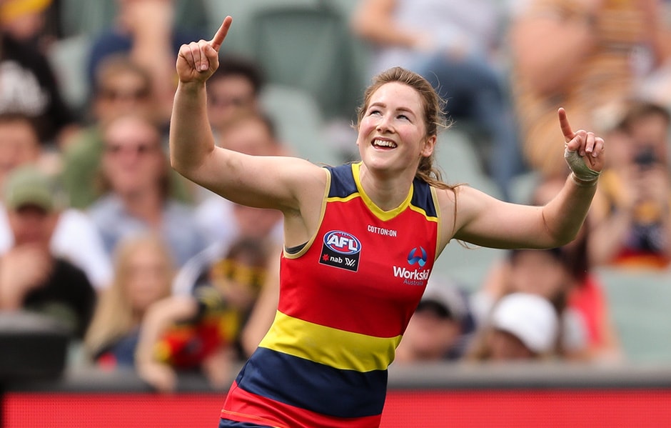 AFLW 2019 Second Preliminary Final - Adelaide v Geelong ADELAIDE, AUSTRALIA - MARCH 24: Ailish Considine of the Crows celebrates a goal during the 2019 NAB AFLW Second Preliminary Final match between the Adelaide Crows and the Geelong Cats at Adelaide Oval on March 24, 2019 in Adelaide, Australia. (Photo by AFL Photos)